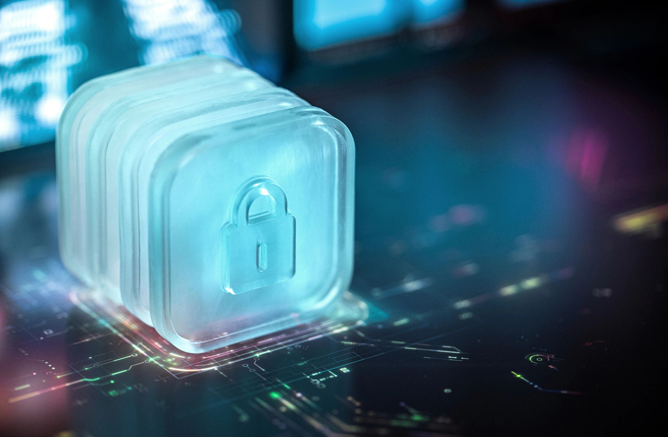 Glass block with lock symbol
